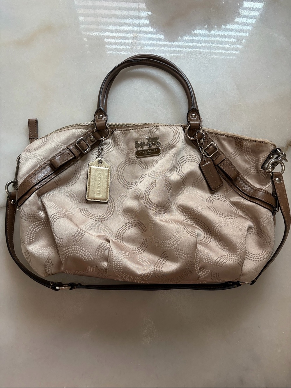 Coach Beige Signature Quilted Satchel with Brown Leather Trim